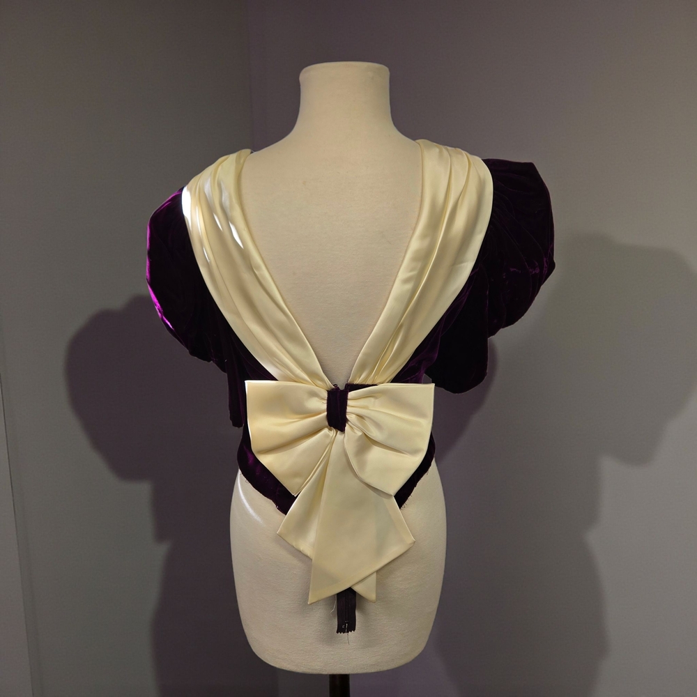 Vintage Velvet & Satin Dress Bodice Purple & Cream Backless with Bow